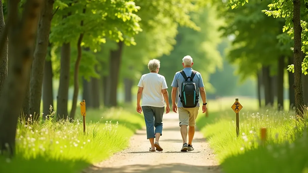 Senioru pāris pastaigā ar norādes zīmes un marķējumiem, vasaras ainava, skaidrs laikapstāklis